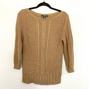 Lauren Ralph Lauren Medium Gold Shimmer Cable Knit 3/4 Sleeve Knit Top